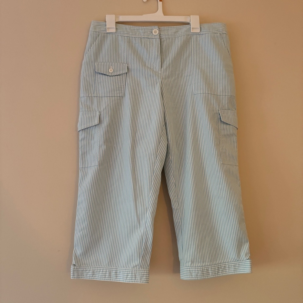 IZOD Blue White Striped Cargo Capri Pants Size 12 Coastal